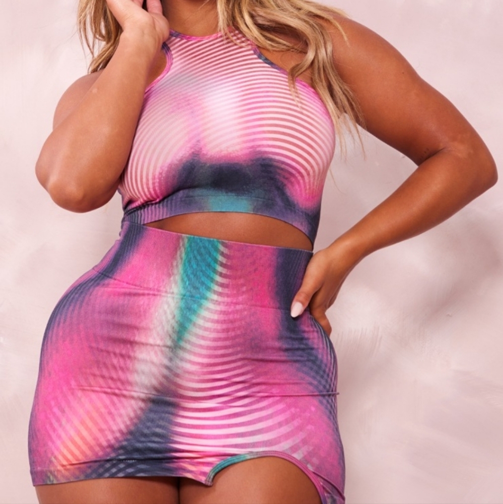 Pink body print racer top and skirt